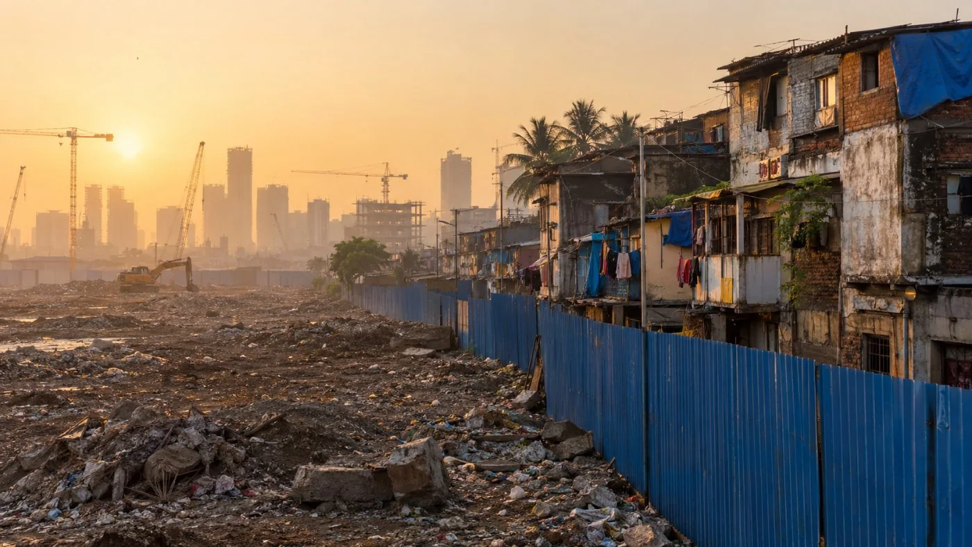 A cleared plot with rubble beside old houses, a hoarding and cranes behind