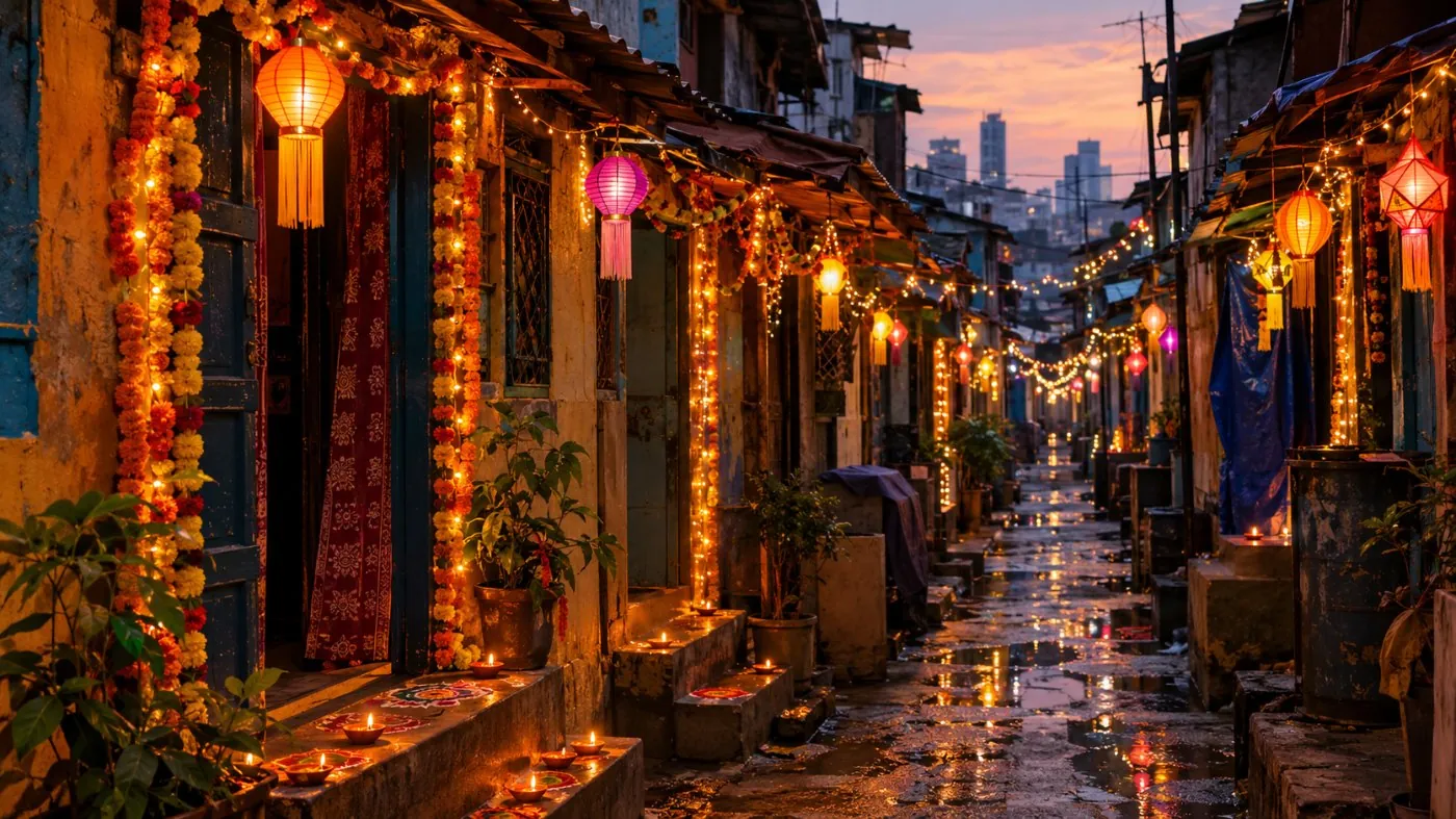 A Dharavi lane at dusk lit with strings of lights and clay lamps on the doorsteps