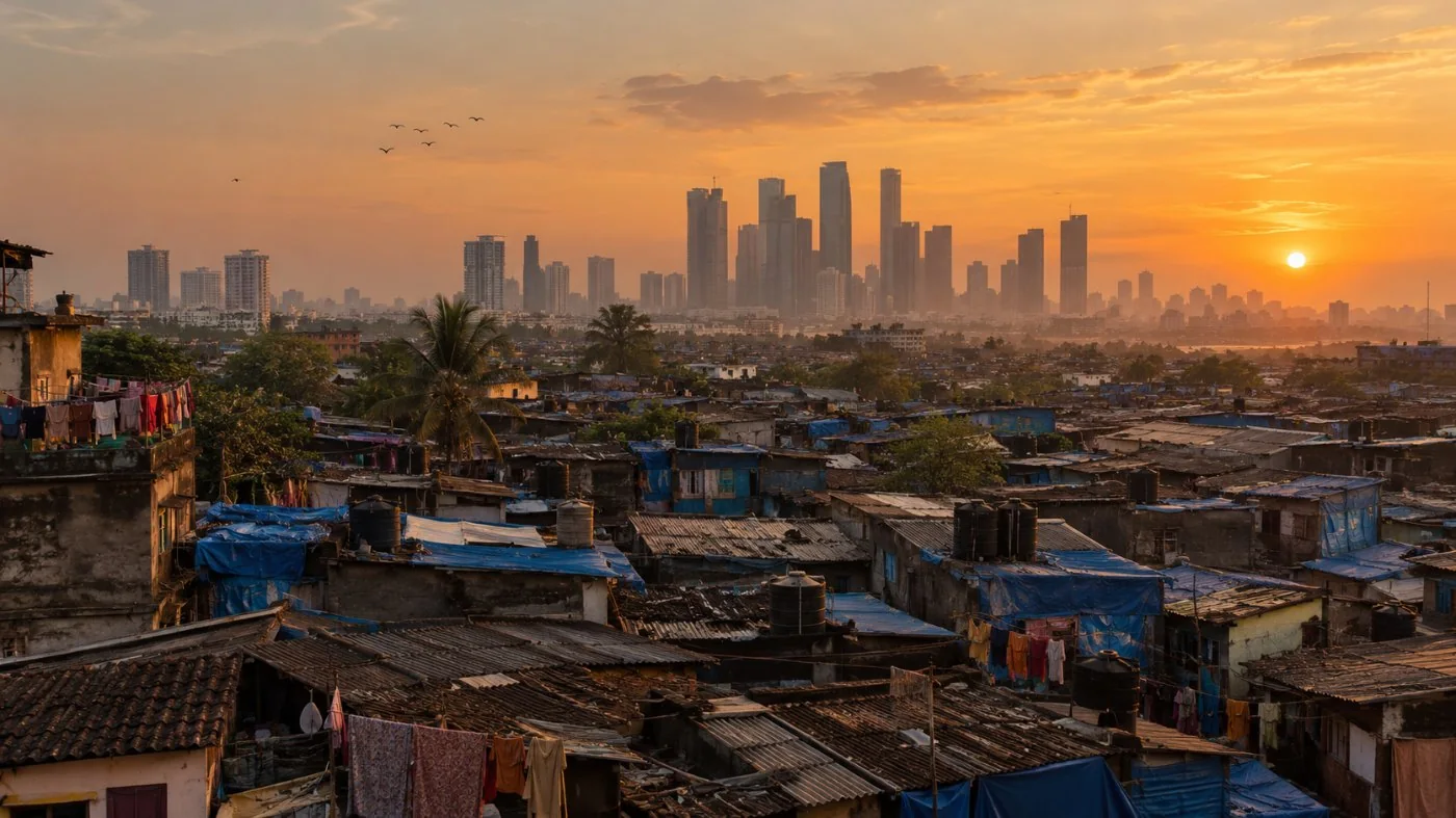 Dharavi rooftops at dusk with the glass towers of Bandra Kurla Complex behind