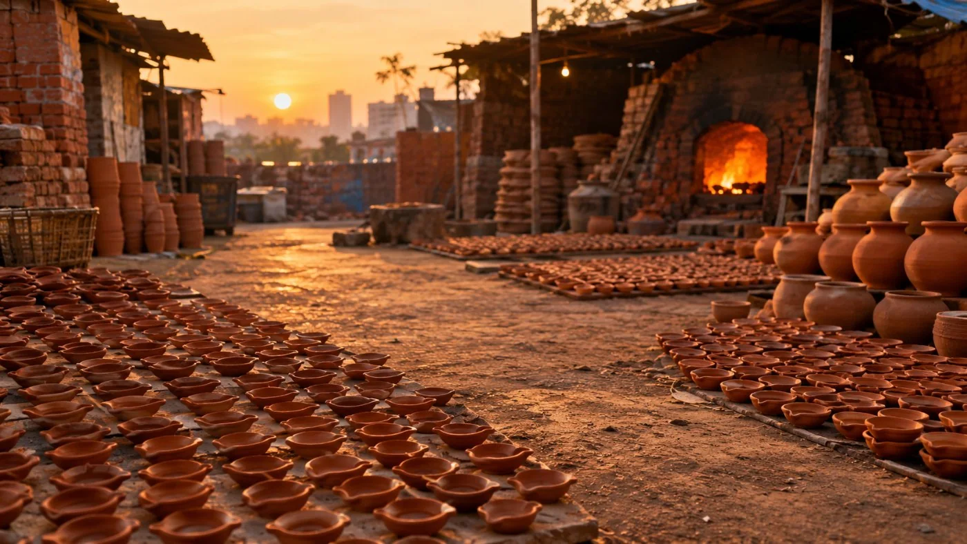Rows of clay lamps drying in the sun