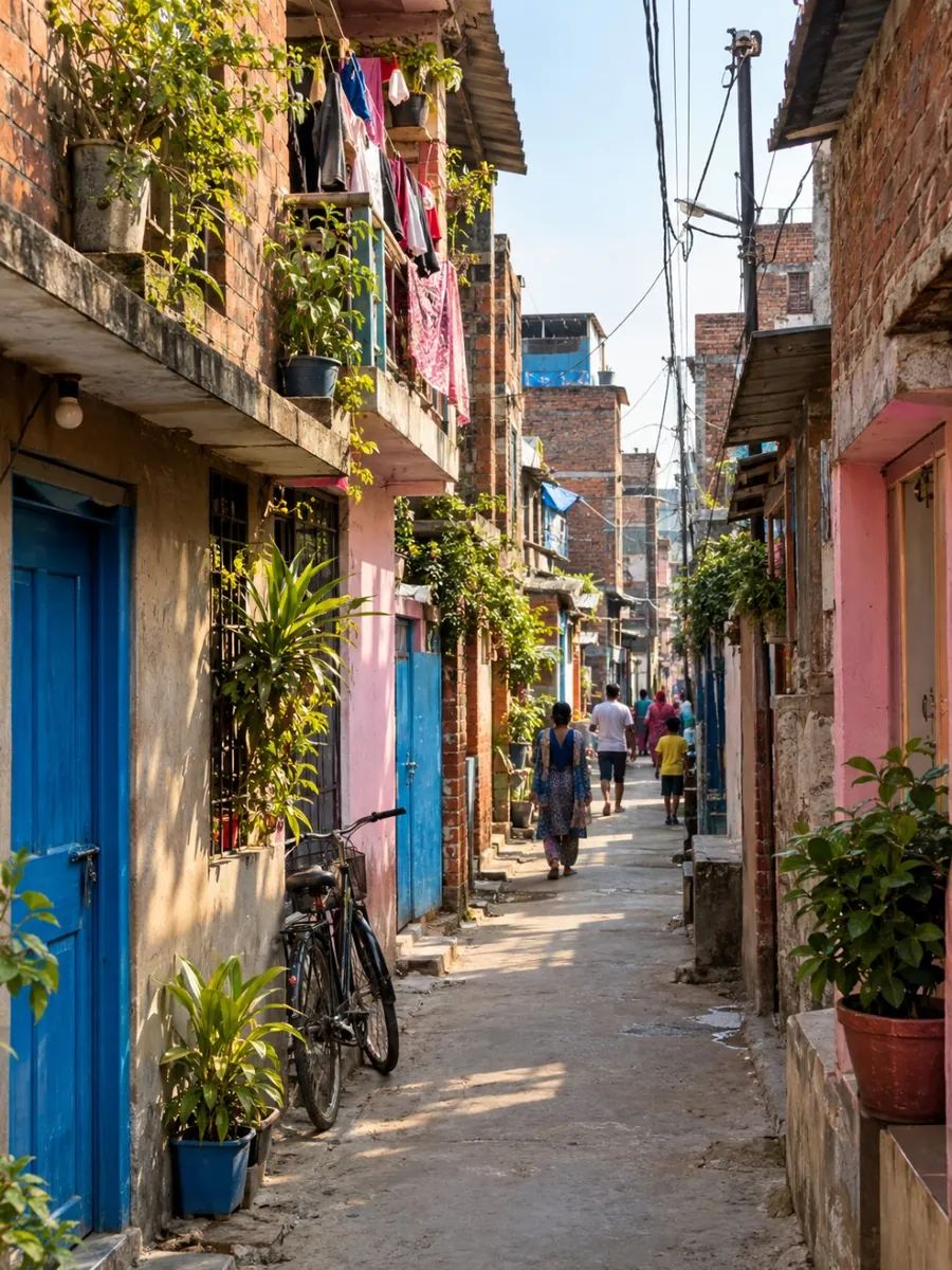 Eine sonnendurchflutete Wohnstraße in Dharavi mit bemalten Türen und Wäsche auf einem Balkon
