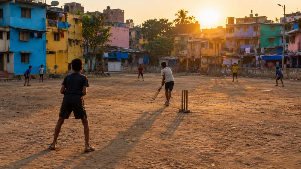 Des enfants jouant au cricket sur un petit terrain dégagé entre des bâtiments, vus de loin