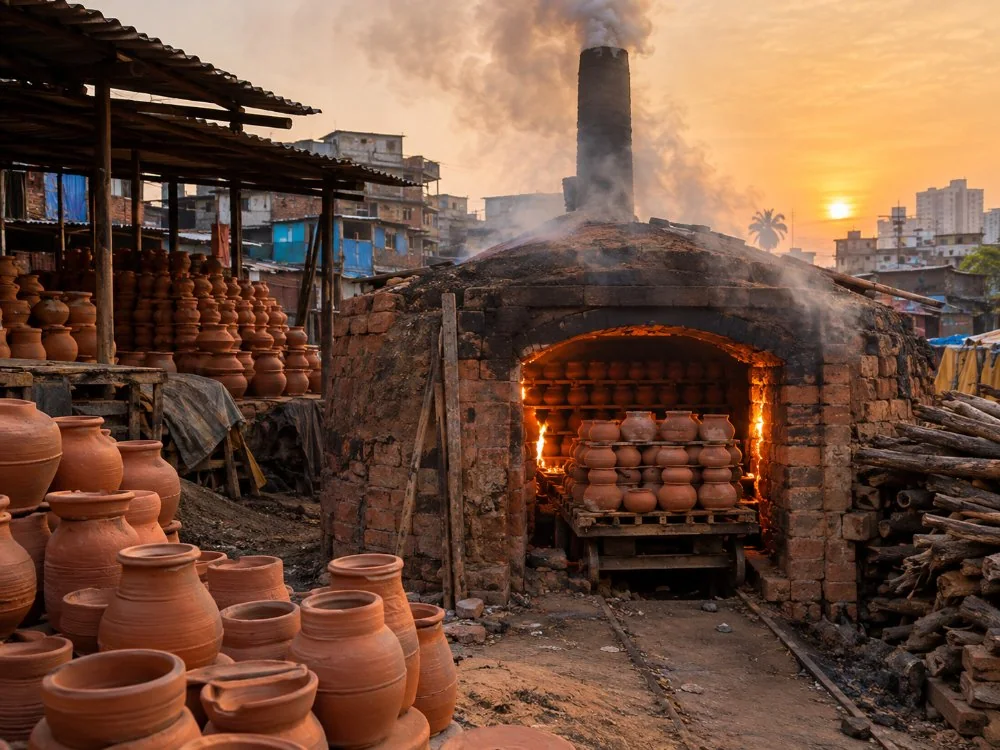 A kiln with stacked clay pots and smoke at dusk