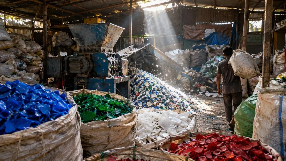 Plastic sorted by colour in heaps inside a recycling workshop