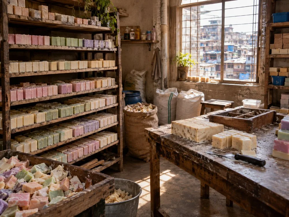 Barras de jabón secándose en estantes de madera en un pequeño taller