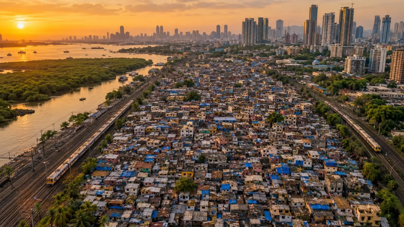 Dharavi's rooftops seen from above, squeezed between two railway lines, with a creek and mangroves at one edge